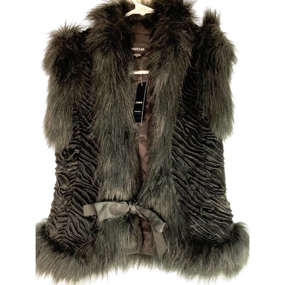 NWT $149 Bebe Courtney Soft Plush Faux Fur Tie Front Vest sz S Black 6308 - Picture 2 of 11